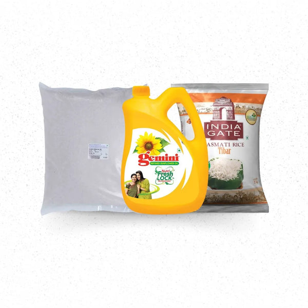 OIL, SUGAR & RICE SAVER COMBO: GEMINI SUN OIL 5 LT, SUGAR PREMIUM 5 KG, INDIA GATE TIBER 1 KG- 2PC || S10