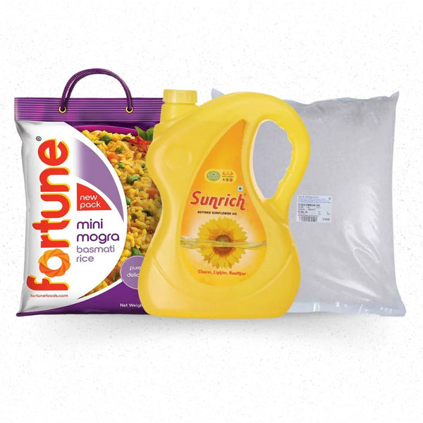 OIL SUGAR & RICE SAVER COMBO: SUNRICH SUNFLOWER, FORTUNE MINI MOGRA 5 KG, SUGAR PREMIUM 5 KG || S10