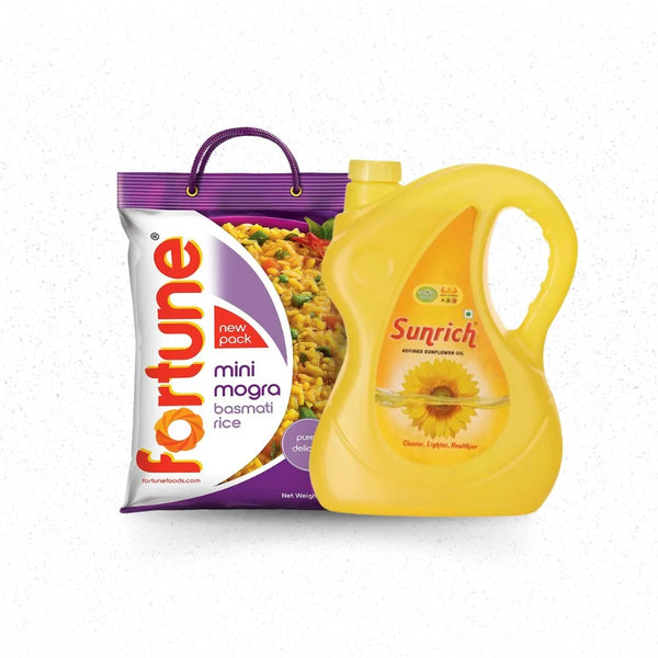 OIL & RICE SAVER COMBO: RUCHI SUNFLOWER 5 LT, FORTUNE MINI MOGRA 5 KG || S9