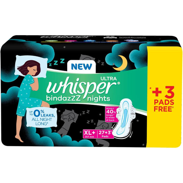 WHISPER ULTRA OVERNIGHT SANITARY PADS WITH WINGS - 30 PIECES (XL PLUS) || S10