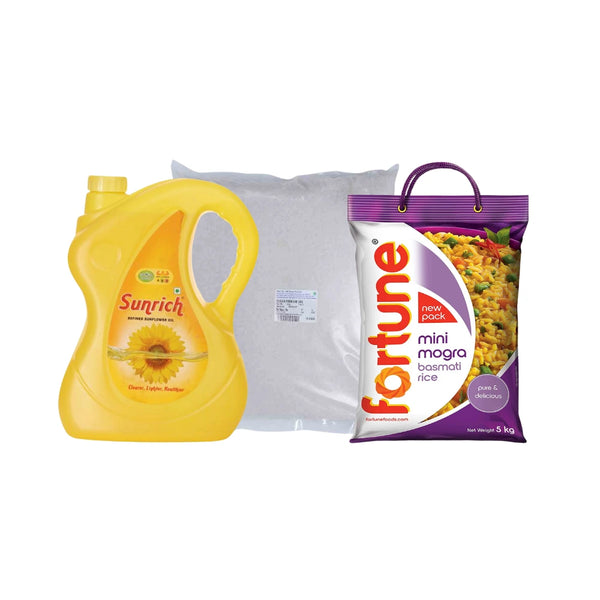 OIL SUGAR & RICE SAVER COMBO: SUNRICH REFINED SUNFLOWER OIL 5 LTR, SUGAR PREMIUM 3 KG, MINI MOGRA 5 KG || S9