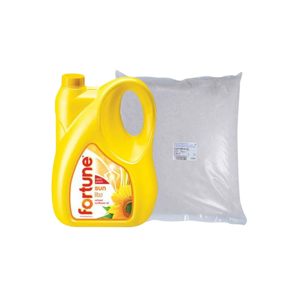 OIL & SUGAR SAVER COMBO: FORTUNE SUNFLOWER OIL 5 LTR, SUGAR PREMIUM 3 KG || S8