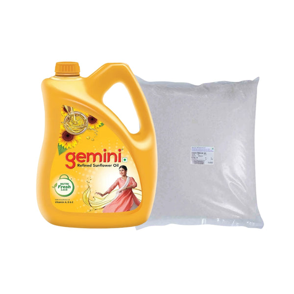 OIL & SUGAR SAVER COMBO: GEMINI SUN OIL 5 LIT, SUGAR PREMIUM 3 KG || S8