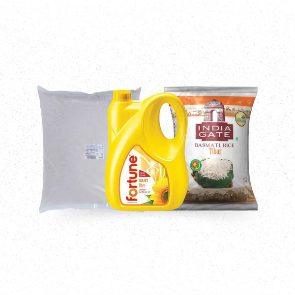 OIL, SUGAR & RICE SAVER COMBO: FORTUNE SUN OIL 5 LT, SUGAR PREMIUM 5 KG, INDIA GATE TIBER 1 KG-2PC || S10