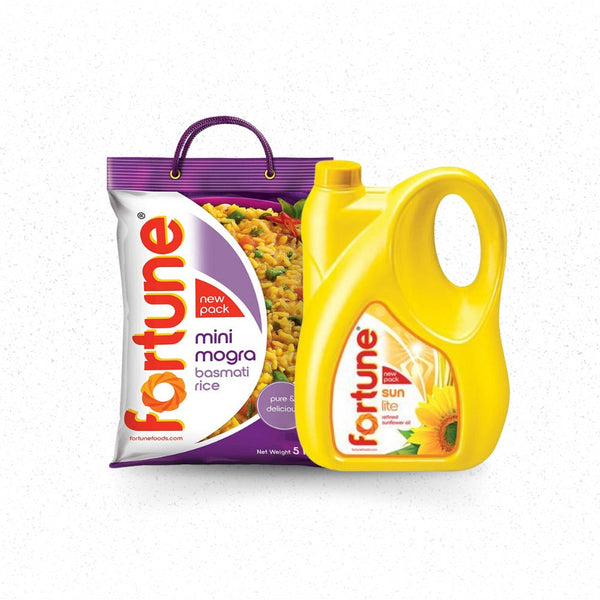 OIL & RICE SAVER COMBO: FORTUNE SUNFLOWER OIL 5 LT (FREE: BESAN 400 GM), FORTUNE MINI MOGRA 5 KG || S10